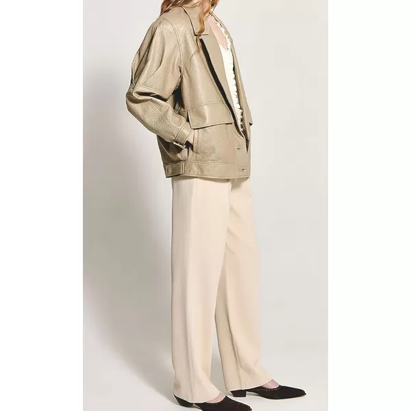 chouyatou Women Fall Notch Lapel Moto Faux Leather Jacket Oversized Boyfriend Leather Bomber Jacket BlazerKhaki