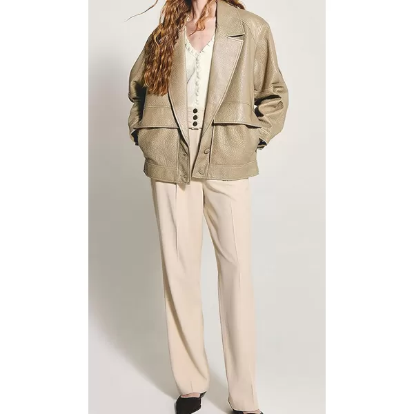 chouyatou Women Fall Notch Lapel Moto Faux Leather Jacket Oversized Boyfriend Leather Bomber Jacket BlazerKhaki