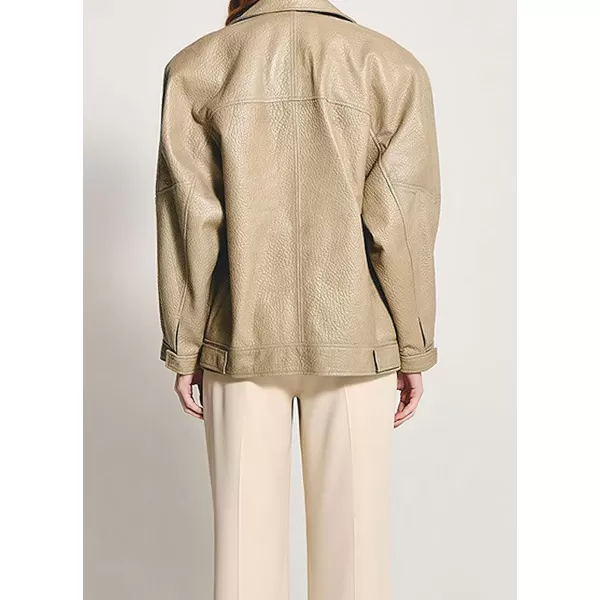 chouyatou Women Fall Notch Lapel Moto Faux Leather Jacket Oversized Boyfriend Leather Bomber Jacket BlazerKhaki