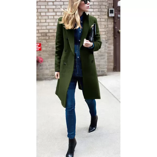 chouyatou Womens Basic Designed Notch Lapel Double Breasted MidLong Wool Pea CoatArmy Green
