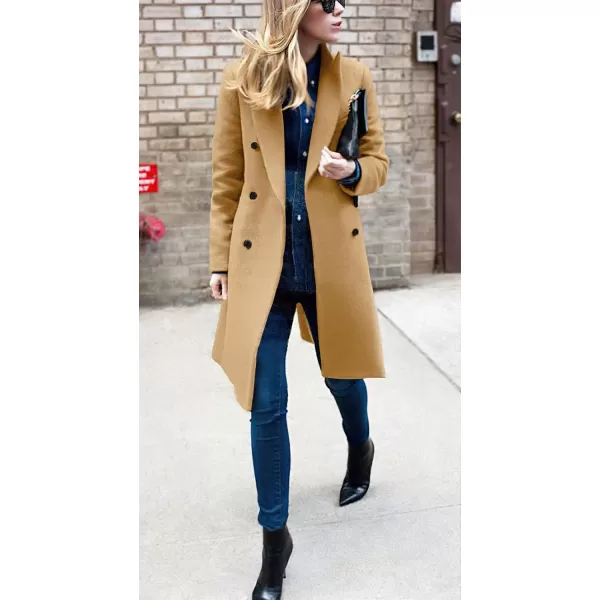chouyatou Womens Basic Designed Notch Lapel Double Breasted MidLong Wool Pea CoatCamel