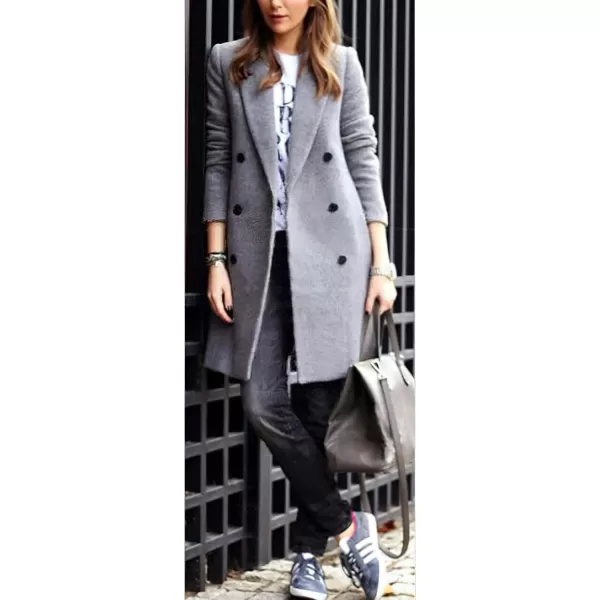 chouyatou Womens Basic Designed Notch Lapel Double Breasted MidLong Wool Pea CoatGrey