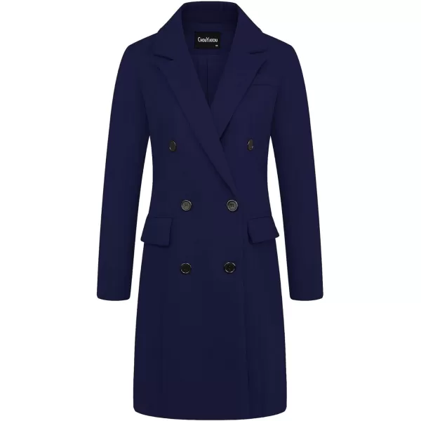 chouyatou Womens Basic Designed Notch Lapel Double Breasted MidLong Wool Pea CoatNavy Blue