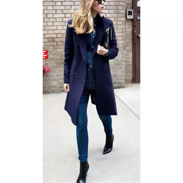 chouyatou Womens Basic Designed Notch Lapel Double Breasted MidLong Wool Pea CoatNavy Blue
