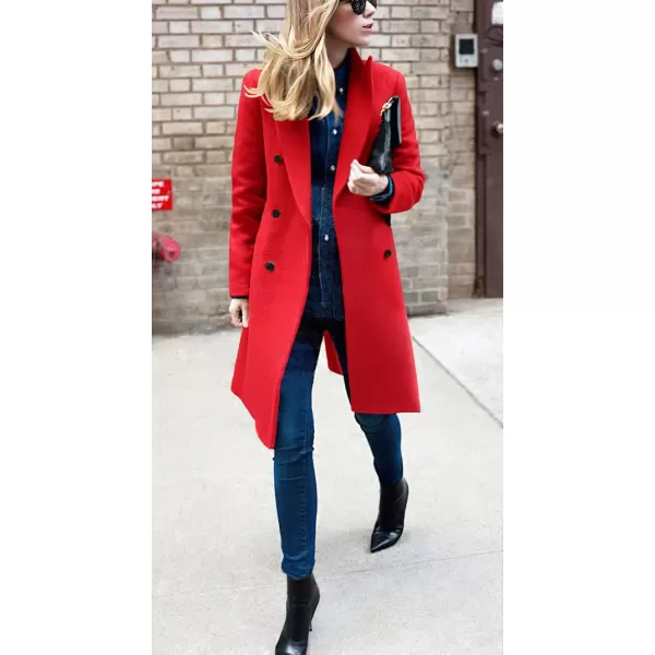 chouyatou Womens Basic Designed Notch Lapel Double Breasted MidLong Wool Pea CoatRed