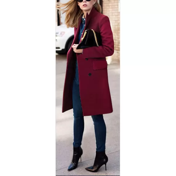 chouyatou Womens Basic Designed Notch Lapel Double Breasted MidLong Wool Pea CoatWine Red