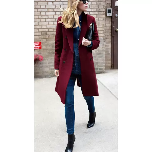 chouyatou Womens Basic Designed Notch Lapel Double Breasted MidLong Wool Pea CoatWine Red