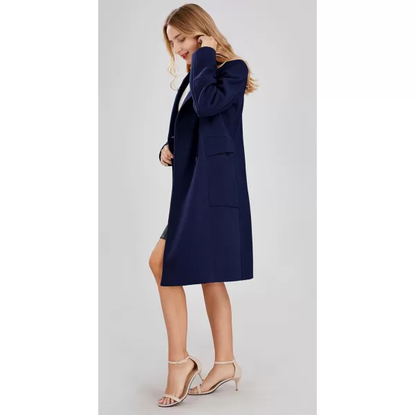 chouyatou Womens Basic Essential Double Breasted MidLong Wool Blend Pea CoatNavy Blue