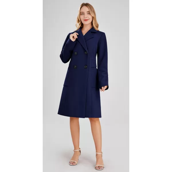 chouyatou Womens Basic Essential Double Breasted MidLong Wool Blend Pea CoatNavy Blue
