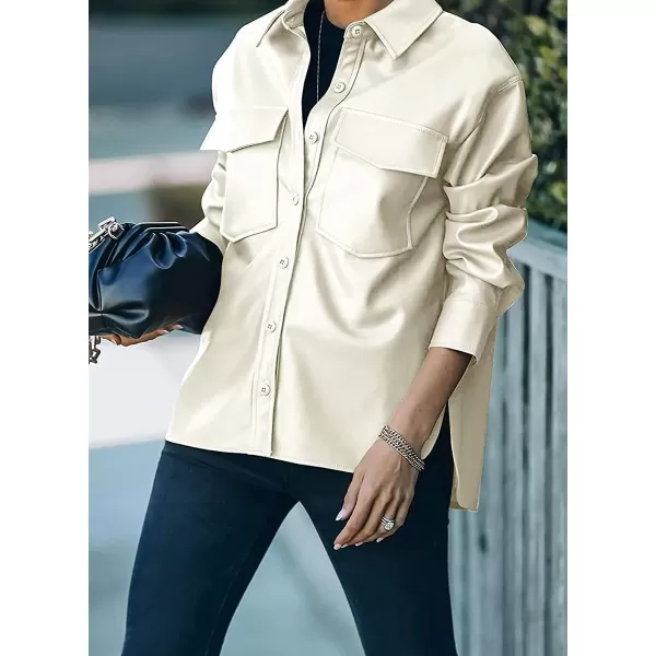 chouyatou Womens Boyfriend Button Down Pu Faux Leather Moto Biker Shirt Jacket ShacketsApricot
