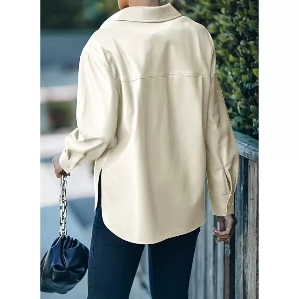 chouyatou Womens Boyfriend Button Down Pu Faux Leather Moto Biker Shirt Jacket ShacketsApricot