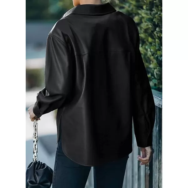chouyatou Womens Boyfriend Button Down Pu Faux Leather Moto Biker Shirt Jacket ShacketsBlack