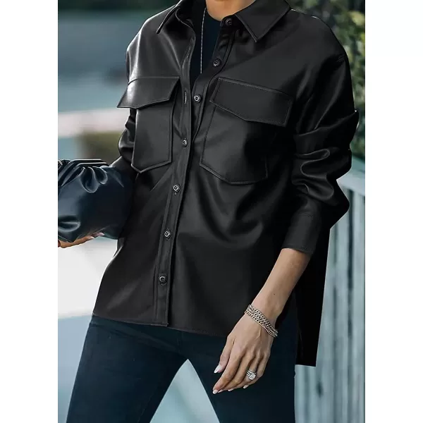 chouyatou Womens Boyfriend Button Down Pu Faux Leather Moto Biker Shirt Jacket ShacketsBlack