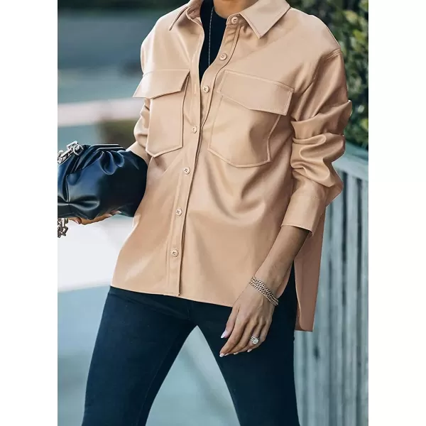 chouyatou Womens Boyfriend Button Down Pu Faux Leather Moto Biker Shirt Jacket ShacketsKhaki