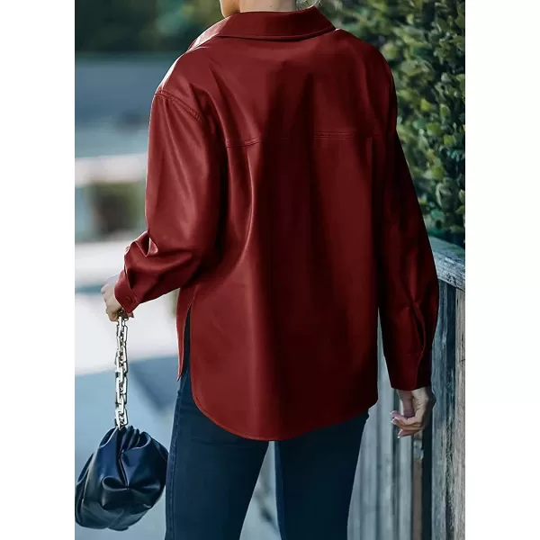 chouyatou Womens Boyfriend Button Down Pu Faux Leather Moto Biker Shirt Jacket ShacketsWine Red