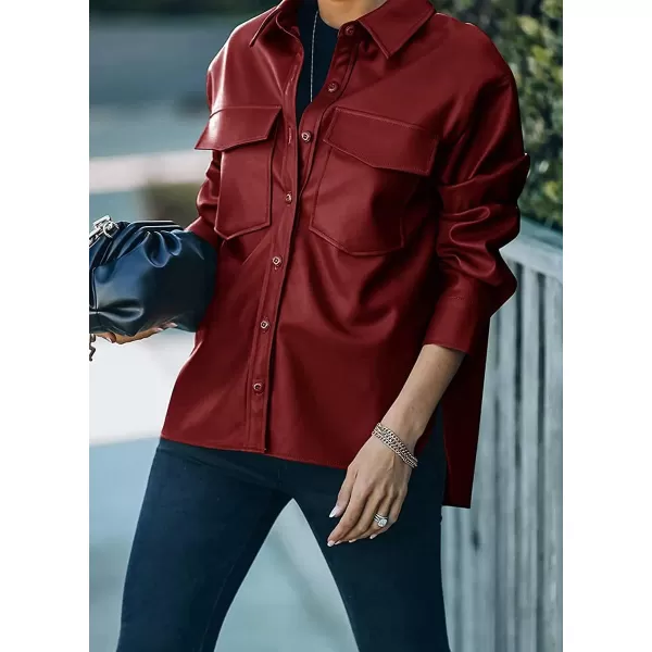 chouyatou Womens Boyfriend Button Down Pu Faux Leather Moto Biker Shirt Jacket ShacketsWine Red