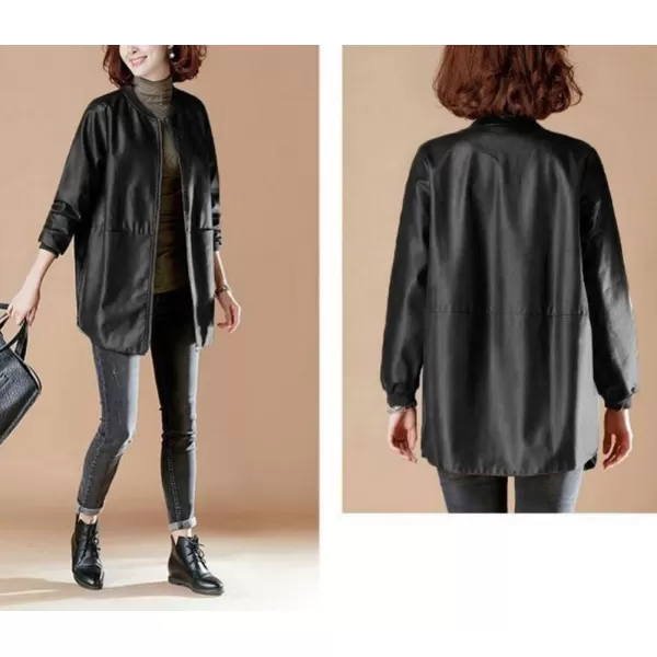 chouyatou Womens Casual Band Collar Zip Up Large Pocket Pu Faux Leather Jacket CoatBlack