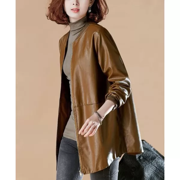 chouyatou Womens Casual Band Collar Zip Up Large Pocket Pu Faux Leather Jacket CoatBrown
