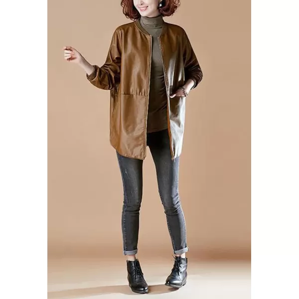 chouyatou Womens Casual Band Collar Zip Up Large Pocket Pu Faux Leather Jacket CoatBrown