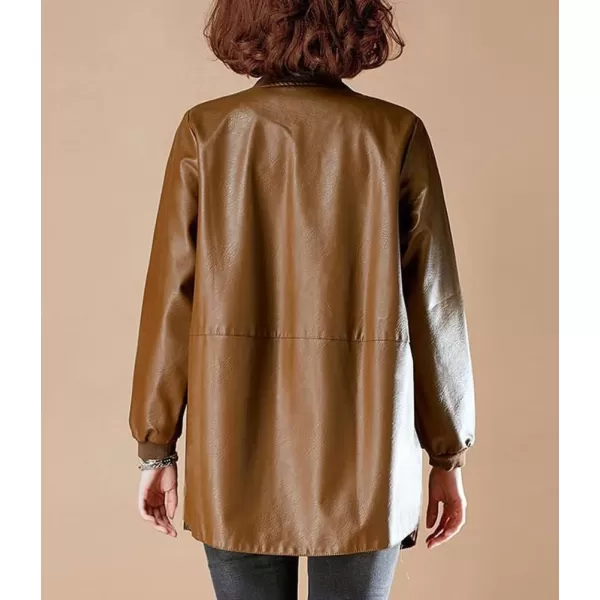 chouyatou Womens Casual Band Collar Zip Up Large Pocket Pu Faux Leather Jacket CoatBrown