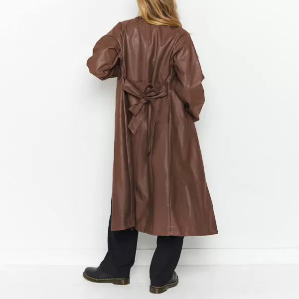 chouyatou Womens Casual Lapel Open Front Pu Faux Leather Long Trench Coat with BeltBrown