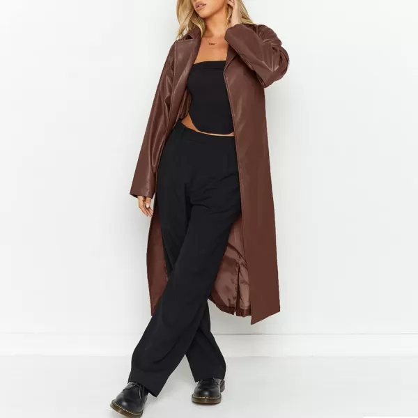 chouyatou Womens Casual Lapel Open Front Pu Faux Leather Long Trench Coat with BeltBrown