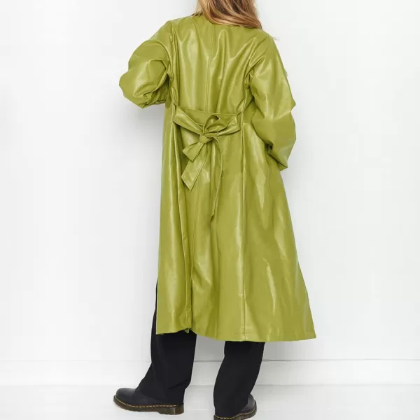 chouyatou Womens Casual Lapel Open Front Pu Faux Leather Long Trench Coat with BeltGreen