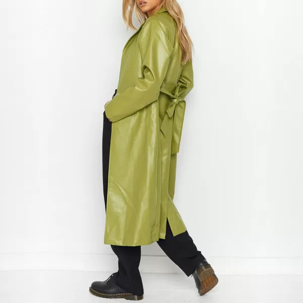 chouyatou Womens Casual Lapel Open Front Pu Faux Leather Long Trench Coat with BeltGreen