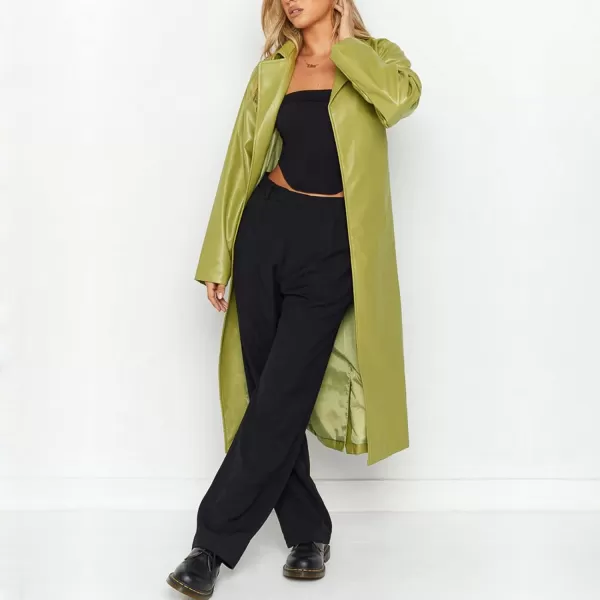 chouyatou Womens Casual Lapel Open Front Pu Faux Leather Long Trench Coat with BeltGreen