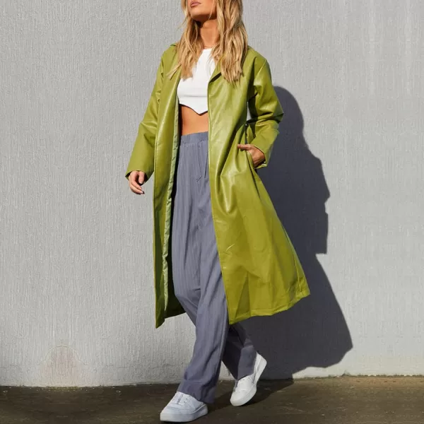 chouyatou Womens Casual Lapel Open Front Pu Faux Leather Long Trench Coat with BeltGreen