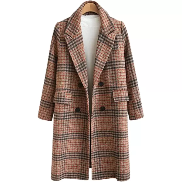 chouyatou Womens Classic Notched Collar Double Breasted Plaid Wool Blend Long Trench CoatPlaidbrown
