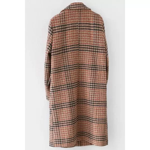 chouyatou Womens Classic Notched Collar Double Breasted Plaid Wool Blend Long Trench CoatPlaidbrown