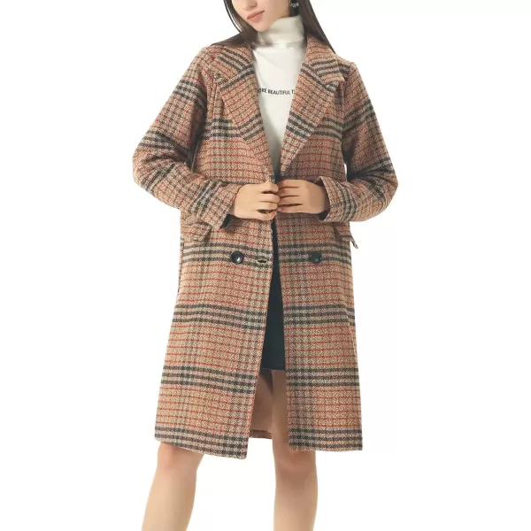 chouyatou Womens Classic Notched Collar Double Breasted Plaid Wool Blend Long Trench CoatPlaidbrown