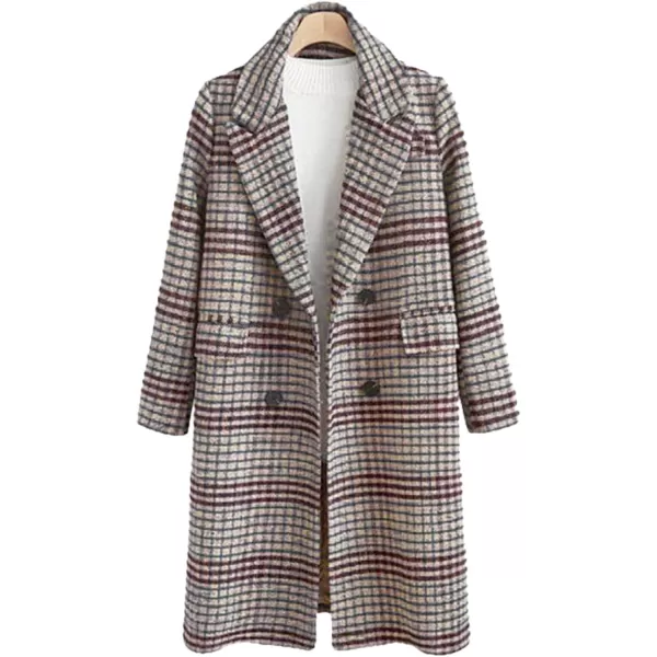chouyatou Womens Classic Notched Collar Double Breasted Plaid Wool Blend Long Trench CoatPlaidgrey