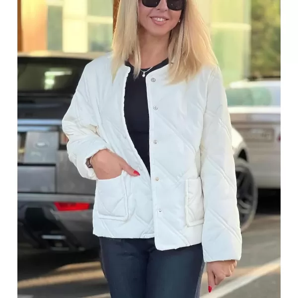 chouyatou Womens Collarless Lightweight Quilted Jacket Winter Button Down Packable Puffer Jacket Down CoatWhite