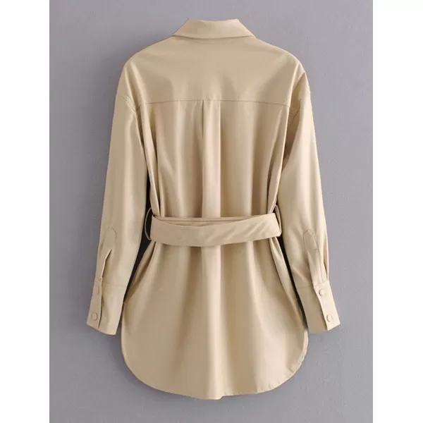 chouyatou Womens Cool Elegant MidLength Belted Faux Leather Shirt Jacket ShacketBeige
