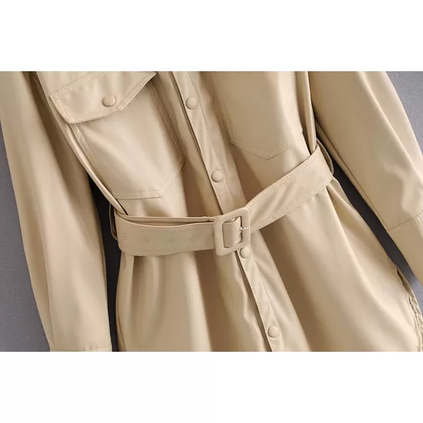 chouyatou Womens Cool Elegant MidLength Belted Faux Leather Shirt Jacket ShacketBeige