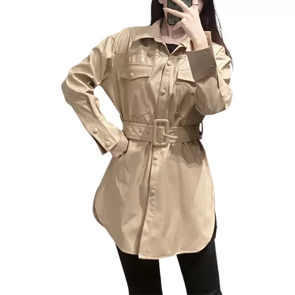 chouyatou Womens Cool Elegant MidLength Belted Faux Leather Shirt Jacket ShacketBeige