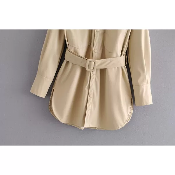chouyatou Womens Cool Elegant MidLength Belted Faux Leather Shirt Jacket ShacketBeige