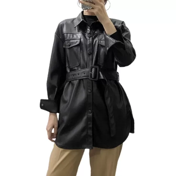 chouyatou Womens Cool Elegant MidLength Belted Faux Leather Shirt Jacket ShacketBlack