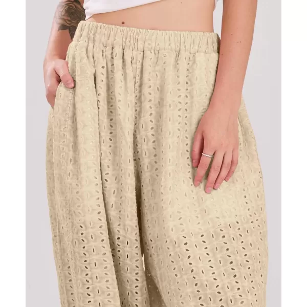 chouyatou Womens Eyelet Washed Lounge Pants Lace Embroidery High Elastic Waist Palazzo Pants with PocketsEarthy Khaki