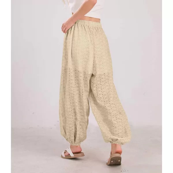chouyatou Womens Eyelet Washed Lounge Pants Lace Embroidery High Elastic Waist Palazzo Pants with PocketsEarthy Khaki