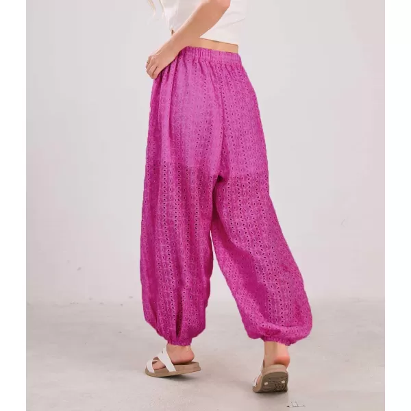 chouyatou Womens Eyelet Washed Lounge Pants Lace Embroidery High Elastic Waist Palazzo Pants with PocketsGrape Purple