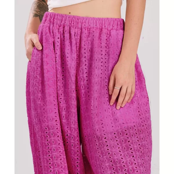 chouyatou Womens Eyelet Washed Lounge Pants Lace Embroidery High Elastic Waist Palazzo Pants with PocketsGrape Purple