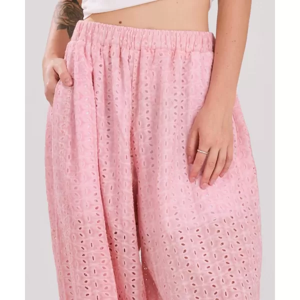 chouyatou Womens Eyelet Washed Lounge Pants Lace Embroidery High Elastic Waist Palazzo Pants with PocketsPlausible Pink