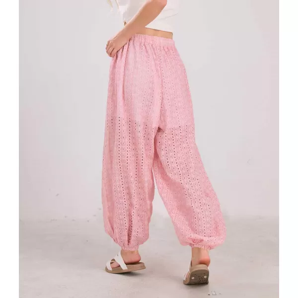 chouyatou Womens Eyelet Washed Lounge Pants Lace Embroidery High Elastic Waist Palazzo Pants with PocketsPlausible Pink