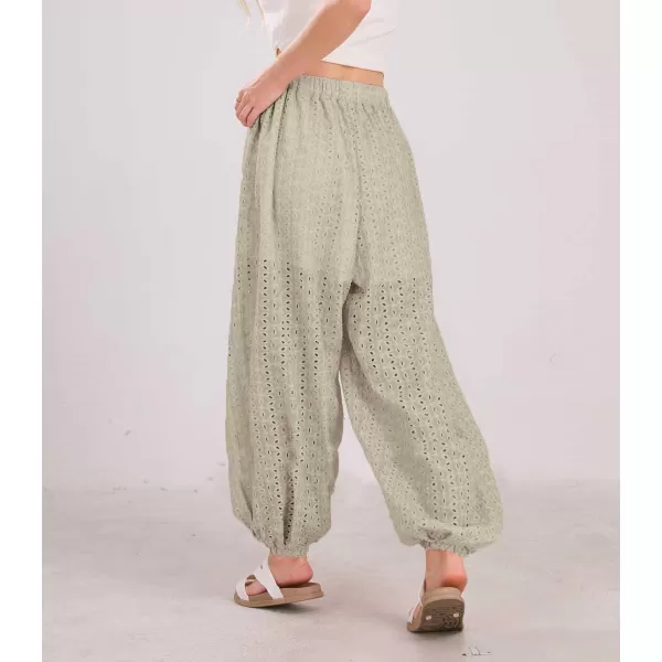chouyatou Womens Eyelet Washed Lounge Pants Lace Embroidery High Elastic Waist Palazzo Pants with PocketsSage Green