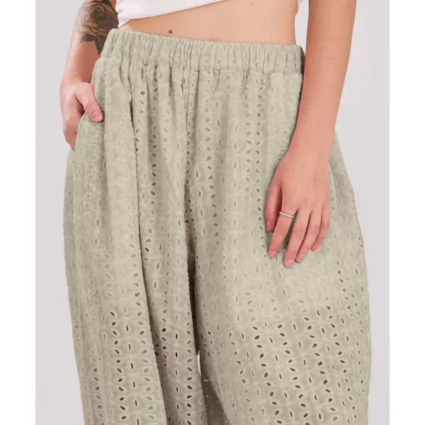 chouyatou Womens Eyelet Washed Lounge Pants Lace Embroidery High Elastic Waist Palazzo Pants with PocketsSage Green