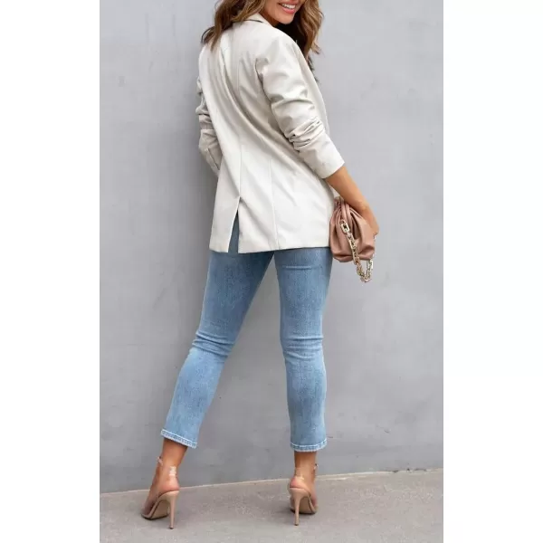 chouyatou Womens Fall Office Work Faux Leather Blazer Jacket Casual Faux Leather JacketBeige