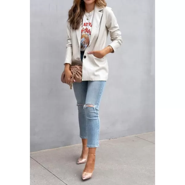 chouyatou Womens Fall Office Work Faux Leather Blazer Jacket Casual Faux Leather JacketBeige